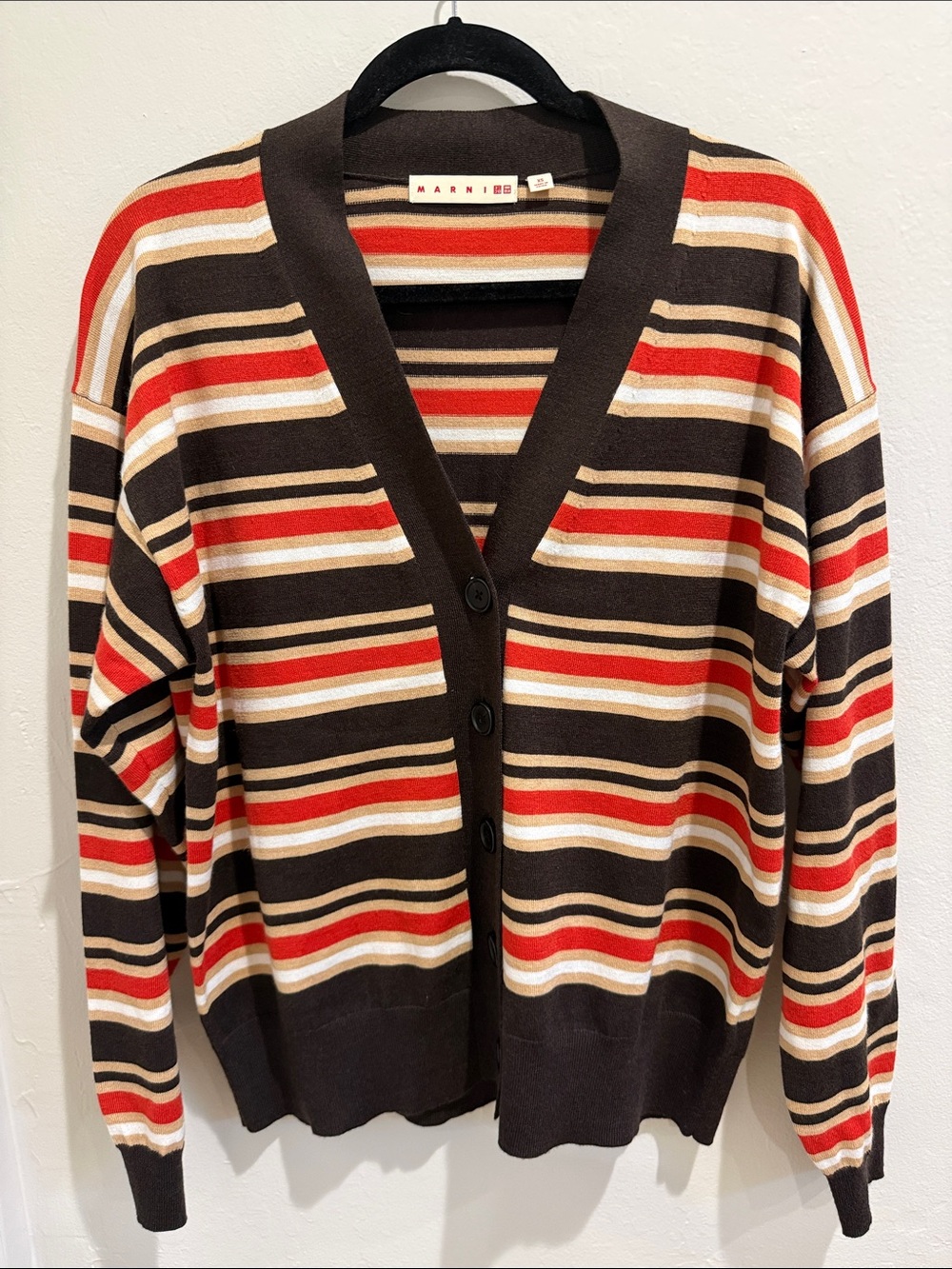 Marni/Uniqlo Collaboration-Brown Cardigan with Red and Cream Stripes